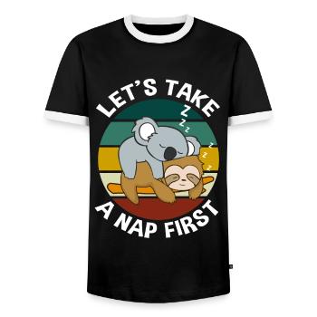 Sloth koala sleeping late riser loafers - Men's Ringer Shirt - black/white - Front - AI Model Female 172 light (172cm) & AI Model Male 178 light (178cm)