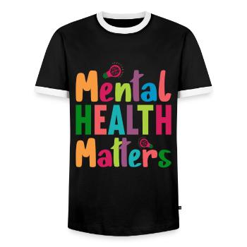 Mental Health Matters Break the Stigma - Men's Ringer Shirt - black/white - Front - AI Model Female 172 light (172cm) & AI Model Male 178 light (178cm)