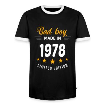 Bad Boy aus dem Jahr 1978 - Männer Kontrast-T-Shirt - Schwarz/Weiß - Vorne - AI Model Female 172 light (172cm) & AI Model Male 178 light (178cm)