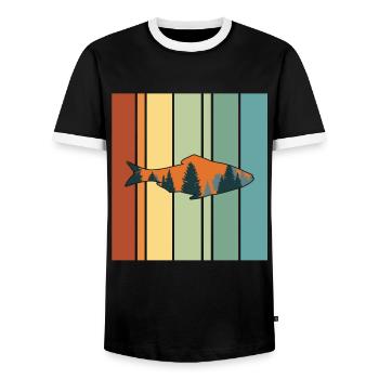 Angeln Fisch Bäume Berg Retro Vintage - Männer Kontrast-T-Shirt - Schwarz/Weiß - Vorne - AI Model Female 172 light (172cm) & AI Model Male 178 light (178cm)
