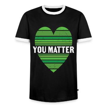 It's Okay To Ask For Help Mental Health Quotes - Men's Ringer Shirt - black/white - Front - AI Model Female 172 light (172cm) & AI Model Male 178 light (178cm)