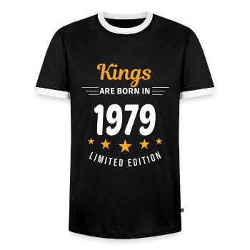 Kings ARE BORN IN 1979 - Men's Ringer Shirt - black/white - Front - AI Model Female 172 light (172cm) & AI Model Male 178 light (178cm)