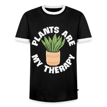 Plants Are My Therapy Plant Quotes - Men's Ringer Shirt - black/white - Front - AI Model Female 172 light (172cm) & AI Model Male 178 light (178cm)