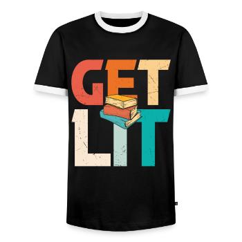 Get Lit Books Quotes - Men's Ringer Shirt - black/white - Front - AI Model Female 172 light (172cm) & AI Model Male 178 light (178cm)