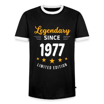 Legendary since 1977 - Men's Ringer Shirt - black/white - Front - AI Model Female 172 light (172cm) & AI Model Male 178 light (178cm)