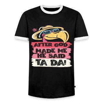 Nachdem Gott mich gemacht hatte, sagte Er Ta Da!, - Männer Kontrast-T-Shirt - Schwarz/Weiß - Vorne - AI Model Female 172 light (172cm) & AI Model Male 178 light (178cm)
