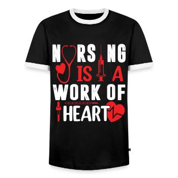 Nursing Is A Work Of Heart Nursing Quotes - Men's Ringer Shirt - black/white - Front - AI Model Female 172 light (172cm) & AI Model Male 178 light (178cm)