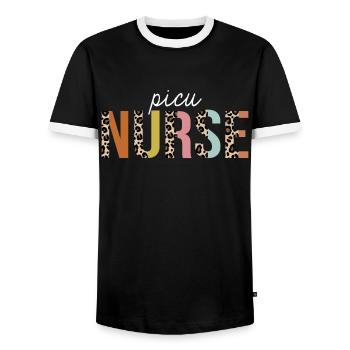 Picu Krankenschwester Bunte Leopard Print Lustig - Männer Kontrast-T-Shirt - Schwarz/Weiß - Vorne - AI Model Female 172 light (172cm) & AI Model Male 178 light (178cm)