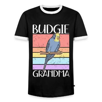Budgerigar Grandma | Budgerigars Gift - Men's Ringer Shirt - black/white - Front - AI Model Female 172 light (172cm) & AI Model Male 178 light (178cm)