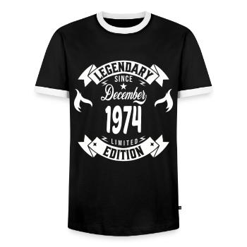 Legendary since december 1974 - Men's Ringer Shirt - black/white - Front - AI Model Female 172 light (172cm) & AI Model Male 178 light (178cm)