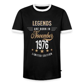 Legends are born in November 1976 - Men's Ringer Shirt - black/white - Front - AI Model Female 172 light (172cm) & AI Model Male 178 light (178cm)