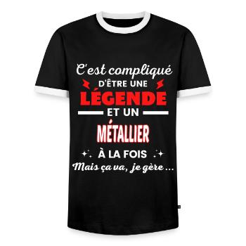 C'est compliqué phrase drôle MÉTALLIER - T-shirt contrasté Homme - noir/blanc - Devant - AI Model Female 172 light (172cm) & AI Model Male 178 light (178cm)