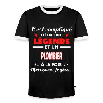 C'est compliqué phrase drôle PLOMBIER - T-shirt contrasté Homme - noir/blanc - Devant - AI Model Female 172 light (172cm) & AI Model Male 178 light (178cm)