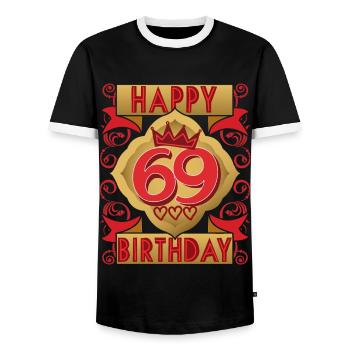 69. Geburtstag 69 Jahre alt Spruch, Vintage-Design - Männer Kontrast-T-Shirt - Schwarz/Weiß - Vorne - AI Model Female 172 light (172cm) & AI Model Male 178 light (178cm)