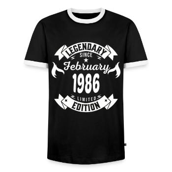 Legendary since february 1986 - Men's Ringer Shirt - black/white - Front - AI Model Female 172 light (172cm) & AI Model Male 178 light (178cm)