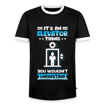 Elevator Elevator | Elevator Mechanic Gift - Men's Ringer Shirt - black/white - Front - AI Model Female 172 light (172cm) & AI Model Male 178 light (178cm)