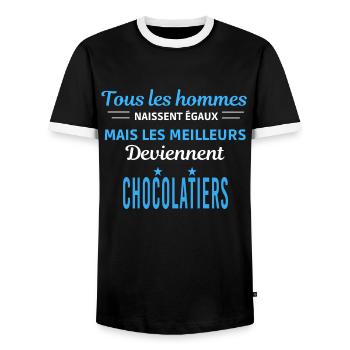 tous les hommes naissent égaux Chocolatiers - T-shirt contrasté Homme - noir/blanc - Devant - AI Model Female 172 light (172cm) & AI Model Male 178 light (178cm)