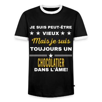Je suis peut-être vieux CHOCOLATIER - T-shirt contrasté Homme - noir/blanc - Devant - AI Model Female 172 light (172cm) & AI Model Male 178 light (178cm)