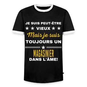 Je suis peut-être vieux MAGASINIER - T-shirt contrasté Homme - noir/blanc - Devant - AI Model Female 172 light (172cm) & AI Model Male 178 light (178cm)