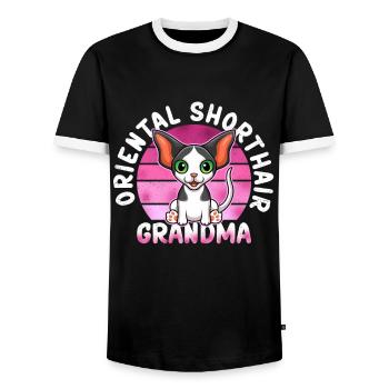 Oriental Shorthair Granny OKH Cat Gift - Men's Ringer Shirt - black/white - Front - AI Model Female 172 light (172cm) & AI Model Male 178 light (178cm)