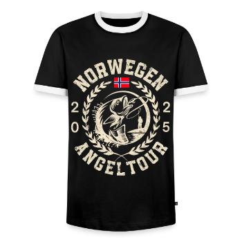 Excursion de pêche en Norvège 2025 (Garantie du prix le plus bas) - T-shirt contrasté Homme - noir/blanc - Devant - AI Model Female 172 light (172cm) & AI Model Male 178 light (178cm)