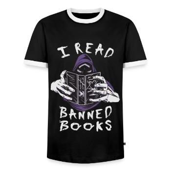 I read banned books Creepy creature - Men's Ringer Shirt - black/white - Front - AI Model Female 172 light (172cm) & AI Model Male 178 light (178cm)