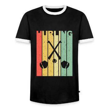 Hurling Gaelic Football Stick Irish Team - Men's Ringer Shirt - black/white - Front - AI Model Female 172 light (172cm) & AI Model Male 178 light (178cm)