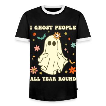 Halloween I Ghost People All Year Long - Men's Ringer Shirt - black/white - Front - AI Model Female 172 light (172cm) & AI Model Male 178 light (178cm)