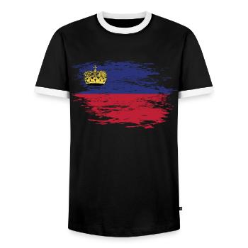 Drapeau du Liechtenstein utilisé - T-shirt contrasté Homme - noir/blanc - Devant - AI Model Female 172 light (172cm) & AI Model Male 178 light (178cm)
