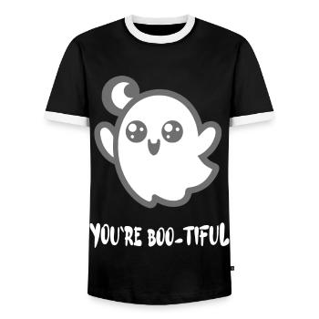 Halloween Ghost Costume BOO-TIFUL Funny Saying - Men's Ringer Shirt - black/white - Front - AI Model Female 172 light (172cm) & AI Model Male 178 light (178cm)
