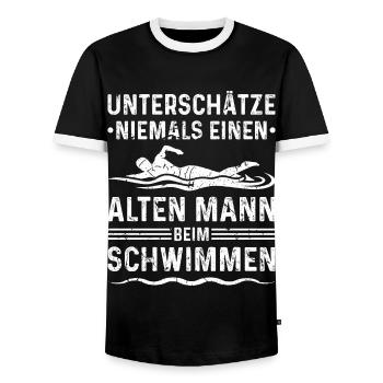 Unterschätze Niemals Alten Mann Schwimmen - Männer Kontrast-T-Shirt - Schwarz/Weiß - Vorne - AI Model Female 172 light (172cm) & AI Model Male 178 light (178cm)