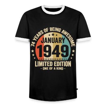 74 years January 1949 Anniversary Vintage gift - Men's Ringer Shirt - black/white - Front - AI Model Female 172 light (172cm) & AI Model Male 178 light (178cm)