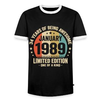 34 years January 1989 Anniversary Vintage gift - Men's Ringer Shirt - black/white - Front - AI Model Female 172 light (172cm) & AI Model Male 178 light (178cm)