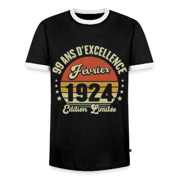 99 Ans Février 1924 Anniversaire Vintage Cadeau - T-shirt contrasté Homme - noir/blanc - Devant - AI Model Female 172 light (172cm) & AI Model Male 178 light (178cm)