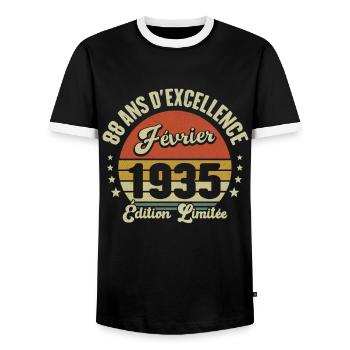 88 Ans Février 1935 Anniversaire Vintage Cadeau - T-shirt contrasté Homme - noir/blanc - Devant - AI Model Female 172 light (172cm) & AI Model Male 178 light (178cm)