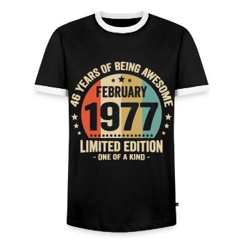 46 Years Of Being Awesome Since February 1977 - Men's Ringer Shirt - black/white - Front - AI Model Female 172 light (172cm) & AI Model Male 178 light (178cm)