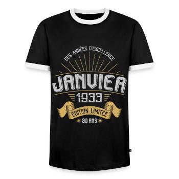 Des Années D'excellence Janvier 1933 90 Ans - T-shirt contrasté Homme - noir/blanc - Devant - AI Model Female 172 light (172cm) & AI Model Male 178 light (178cm)