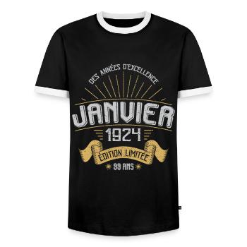 Des Années D'excellence Janvier 1924 99 Ans - T-shirt contrasté Homme - noir/blanc - Devant - AI Model Female 172 light (172cm) & AI Model Male 178 light (178cm)