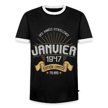 Des Années D'excellence Janvier 1947 76 Ans - T-shirt contrasté Homme - noir/blanc - Devant - AI Model Female 172 light (172cm) & AI Model Male 178 light (178cm)
