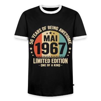 May 1967 56 Years Anniversary Vintage Gift Idea - Men's Ringer Shirt - black/white - Front - AI Model Female 172 light (172cm) & AI Model Male 178 light (178cm)