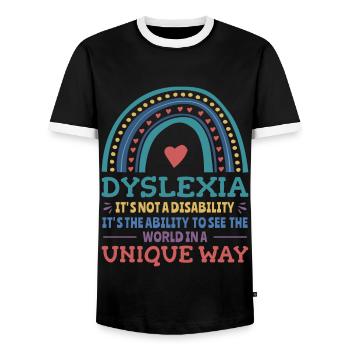 Dyslexia Awareness Dyslexic - Men's Ringer Shirt - black/white - Front - AI Model Female 172 light (172cm) & AI Model Male 178 light (178cm)