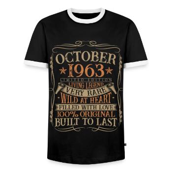 Octobre 1963 Cadeau d’anniversaire de naissance - T-shirt contrasté Homme - noir/blanc - Devant - AI Model Female 172 light (172cm) & AI Model Male 178 light (178cm)
