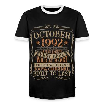 Octobre 1992 Cadeau d’anniversaire de naissance - T-shirt contrasté Homme - noir/blanc - Devant - AI Model Female 172 light (172cm) & AI Model Male 178 light (178cm)