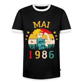 May 1986 Anniversary Vintage Happy Birthday - Men's Ringer Shirt - black/white - Front - AI Model Female 172 light (172cm) & AI Model Male 178 light (178cm)
