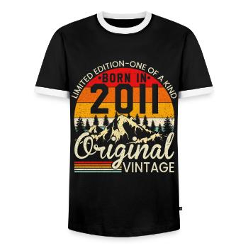 Unique in its kind born in 2011 Original vintage - Men's Ringer Shirt - black/white - Front - AI Model Female 172 light (172cm) & AI Model Male 178 light (178cm)