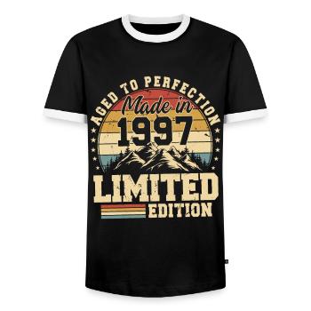 Aged to perfection Made in 1997 - Men's Ringer Shirt - black/white - Front - AI Model Female 172 light (172cm) & AI Model Male 178 light (178cm)