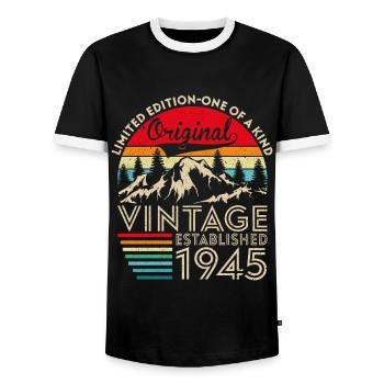 Original vintage established in 1945 anniversary - Men's Ringer Shirt - black/white - Front - AI Model Female 172 light (172cm) & AI Model Male 178 light (178cm)