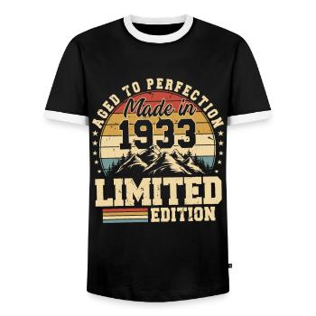 Vieilli À La Perfection Fabriqué En 1933 - T-shirt contrasté Homme - noir/blanc - Devant - AI Model Female 172 light (172cm) & AI Model Male 178 light (178cm)