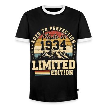 Vieilli À La Perfection Fabriqué En 1934 - T-shirt contrasté Homme - noir/blanc - Devant - AI Model Female 172 light (172cm) & AI Model Male 178 light (178cm)