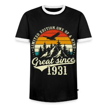 One of a kind since 1931 - Men's Ringer Shirt - black/white - Front - AI Model Female 172 light (172cm) & AI Model Male 178 light (178cm)